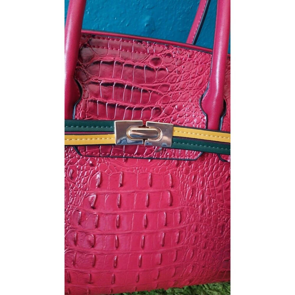 Faux Ostrich Handbag Shoulder bag Mezon Red w/ Snakeskin Accents - Picture 2 of 11